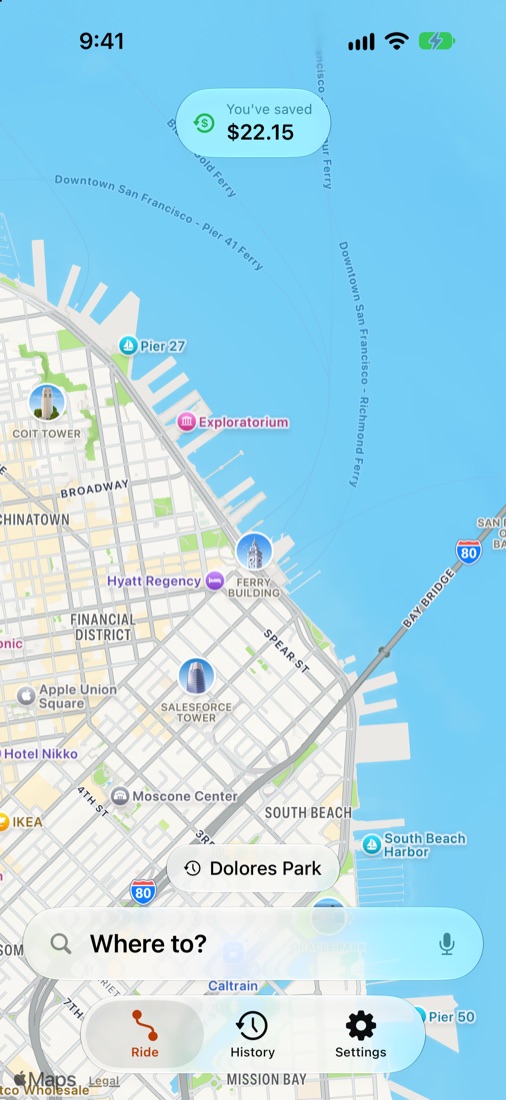 Hopwise home screen with a map of San Francisco and a Where to? search bar
