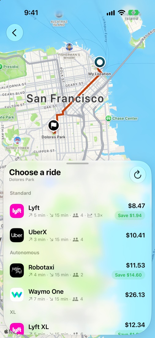 Route to Dolores Park on the map, with quotes from Lyft, Uber, Robotaxi and Waymo