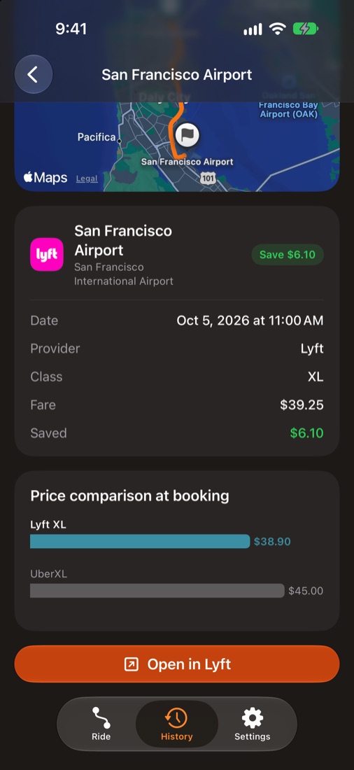 Ride detail for a Lyft XL trip to San Francisco Airport, with what was saved and a price comparison against UberXL